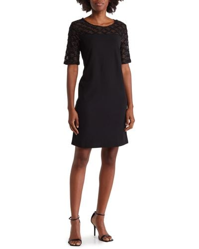 Nina Leonard Elbow Sleeve Shealth Novelty Knit Dress - Black