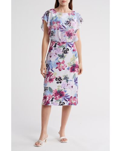 Connected Apparel Floral Chiffon Midi Dress - Red