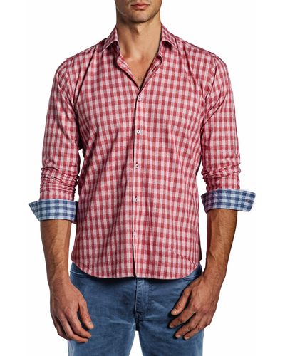 Jared Lang Trim Fit Check Long Sleeve Button-up Cotton Shirt - Red