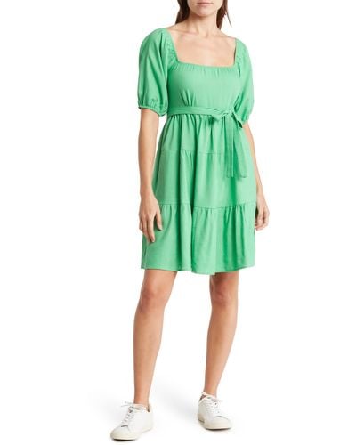 Velvet Torch Puff Sleeve Tiered Dress - Green