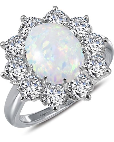 Lafonn Art Deco Platinum Bonded Sterling Silver Simulated Opal & Simulated Diamond Halo Ring - White
