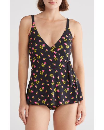 Betsey Johnson Faux Wrap Skirted One-piece Swimsuit - Black