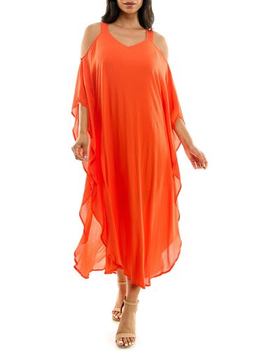 Nina Leonard Gauze Long Sleeve Cold Shoulder Dress - Orange