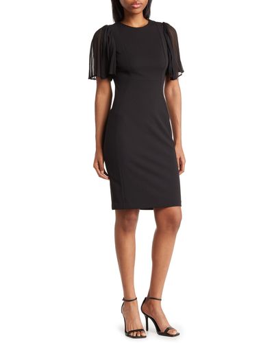 Calvin Klein Pleated Chiffon Sleeve Sheath Dress - Black