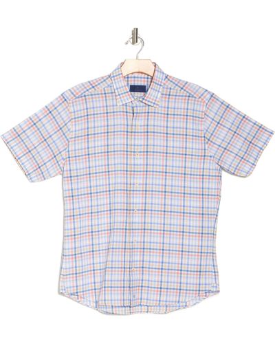 David Donahue Herringbone Short Sleeve Linen & Cotton Button-up Shirt - Multicolor