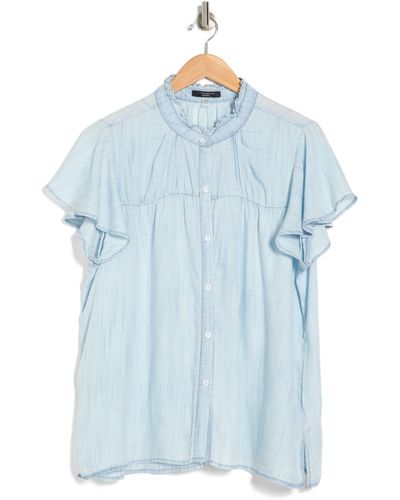 Tahari Ruffle Neck ® Button-up Shirt - Blue