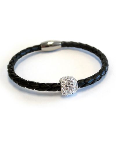 Liza Schwartz Sterling Silver Pavé Crystal Charm Black Leather Bracelet