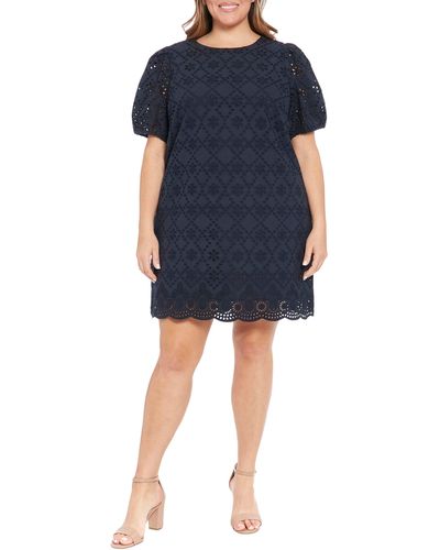London Times Puff Sleeve Embroidered Shift Dress - Blue
