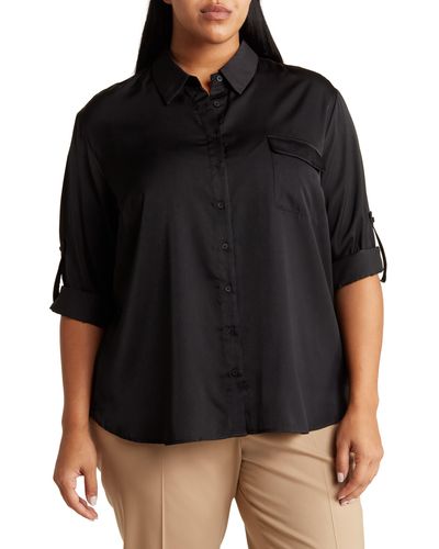 Pleione Satin Long Sleeve Button-up Utility Shirt - Black