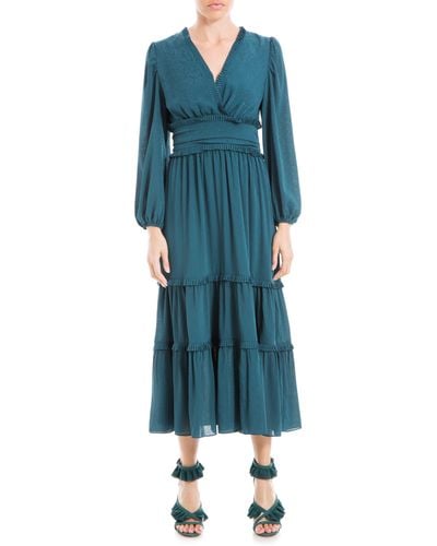 Max Studio Long Sleeve Jacquard Satin Tiered Maxi Dress - Blue