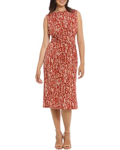 London Times Sleeveless Ruched Belted Midi Dress - Red
