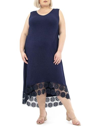 Nina Leonard Crochet Lace Hem Midi Dress - Blue