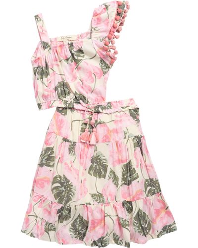 Jessica Simpson Kids' Asymmetrical Top & Skirt Set In Pink Tropic At Nordstrom Rack