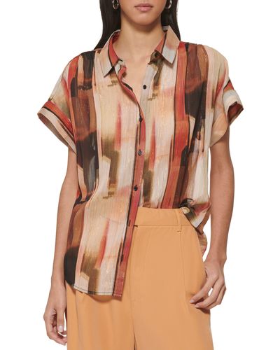 DKNY Metallic Chiffon Short Sleeve Button-up Shirt - Brown