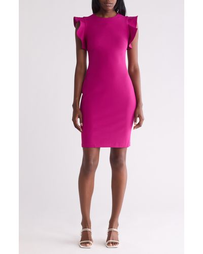 Calvin Klein Ruffle Scuba Crepe Sheath Dress - Pink