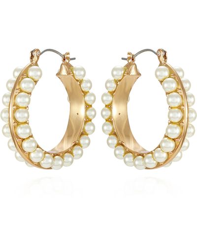 Tahari Imitation Pearl Hoop Earrings - Metallic