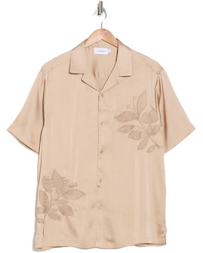 TOPMAN Embroidered Satin Button-up Shirt - Natural