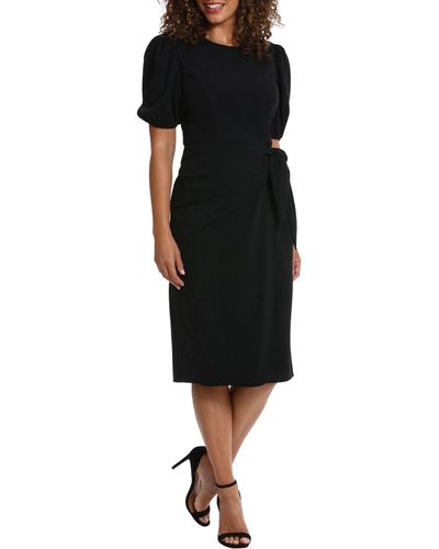 London Times Short Puff Sleeve Tie Waist Midi Dress - Black
