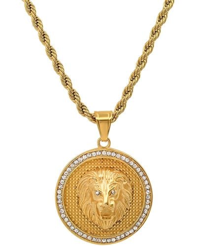 HMY Jewelry 18k Gold Plated Stainless Steel Round Lion Simulated Diamond Necklace - Metallic
