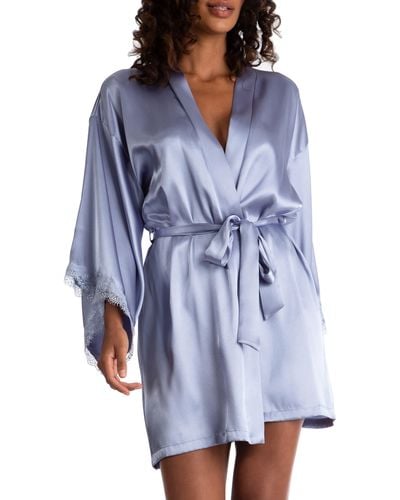 In Bloom Vienna Solid Lace Trim Satin Wrap Robe - Blue