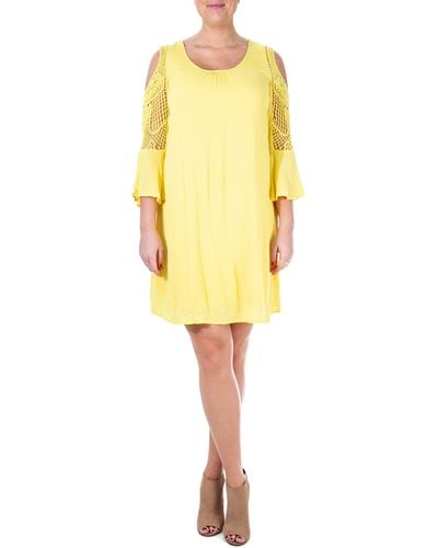 Nina Leonard Crochet Cold Shoulder Long Sleeve Dress - Yellow