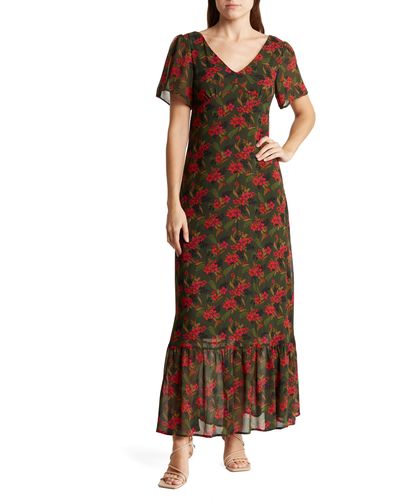 MELLODAY Floral Short Sleeve Maxi Dress - Brown