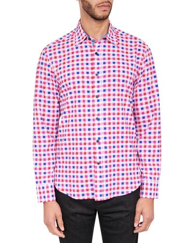 Con.struct Slim Fit Micro Check Print Four-way Stretch Performance Button-up Shirt - Red