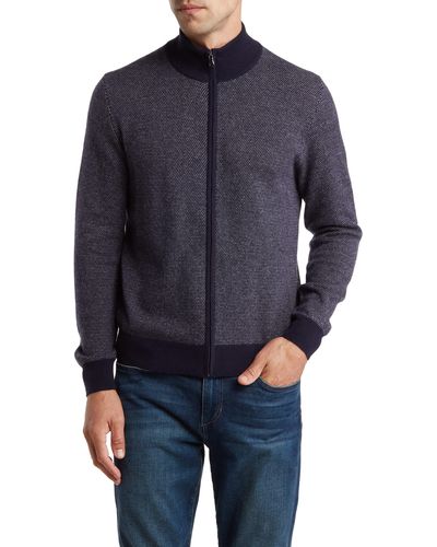 Amicale Birdseye Cashmere Zip Sweater - Blue