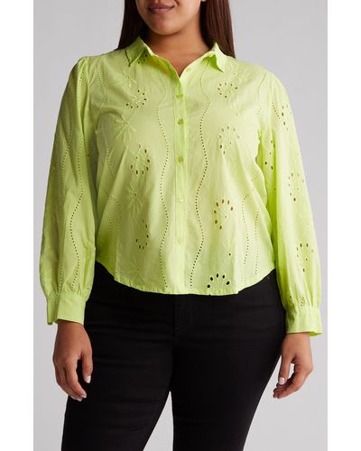 Forgotten Grace Embroidered Eyelet Long Sleeve Button-up Shirt - Green
