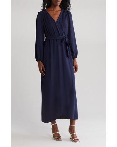 Connected Apparel Faux Wrap Long Sleeve Maxi Dress - Blue