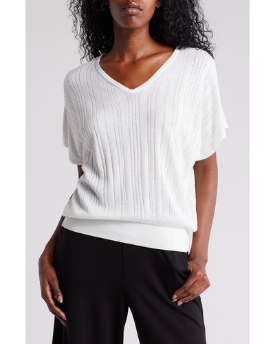 Adrianna Papell V-neck Vertical Rib Sweater - White