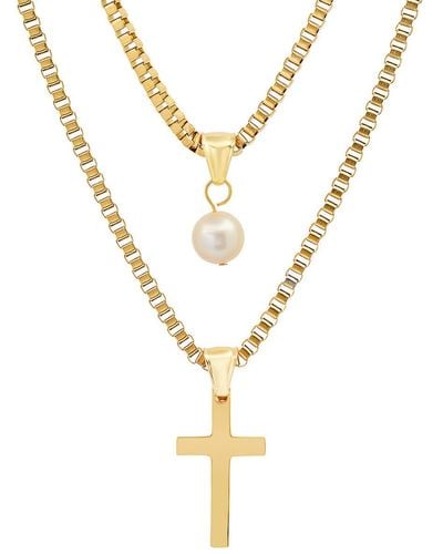 HMY Jewelry 18k Gold Plated Stainless Steel Imitation Pearl & Cross Pendant Layered Necklace - White