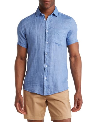Report Collection Linen Garment Dyed Short Sleeve Button-up Shirt - Blue