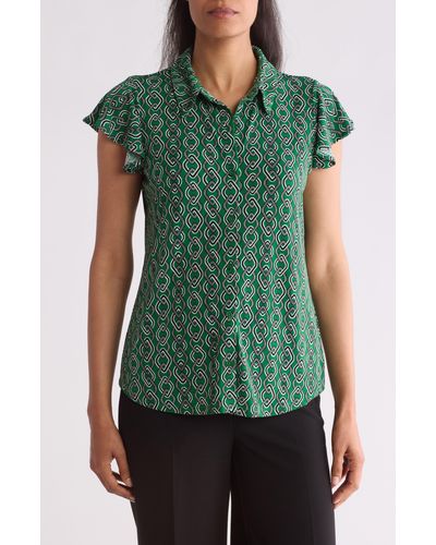 Adrianna Papell Flutter Sleeve Button-up Shirt - Green