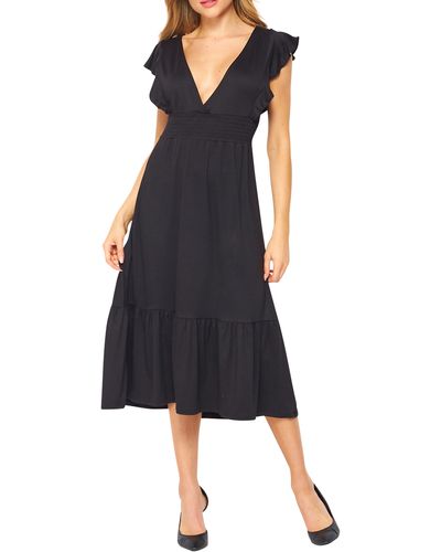 Velvet Torch Floral Ruffle Sleeve Smocked Maxi Dress - Black