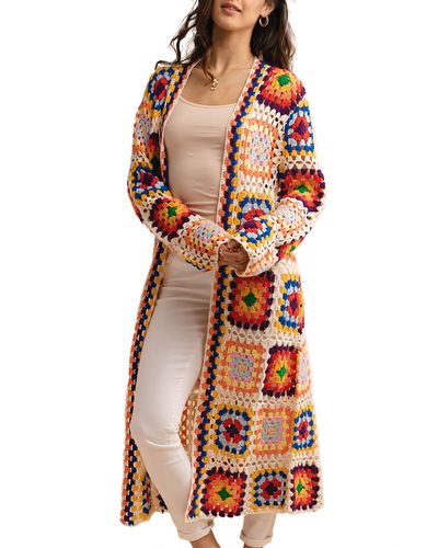 Saachi Granny Square Crocheted Long Hooded Kimono Sweater in White  Multicolor