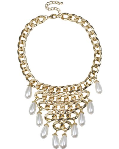 Jardin Imitation Pearl Chain Bib Necklace - Metallic