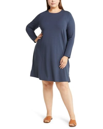 Eileen Fisher Crewneck Long Sleeve Jersey Shift Dress - Blue