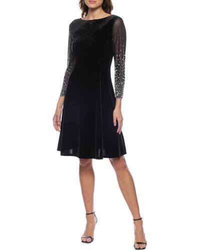 Marina Embellished Mesh Sleeve A-line Dress - Black