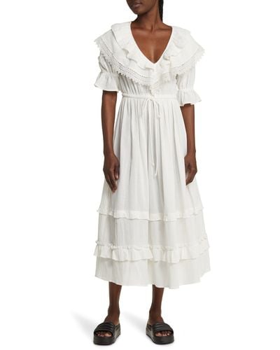TOPSHOP Ruffle Puff Sleeve Cotton Dress - White