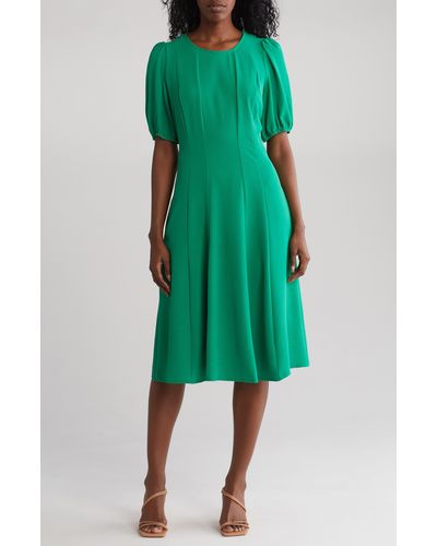 Connected Apparel Puff Sleeve Midi Dress - Green
