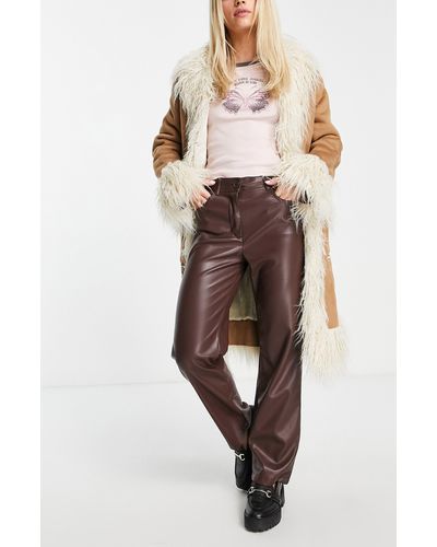 TOPSHOP Petite Faux Leather Straight Pants - Brown