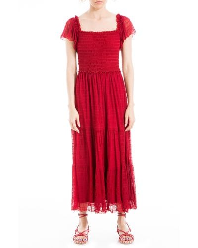 Max Studio Mesh Smocked Midi Dress - Red