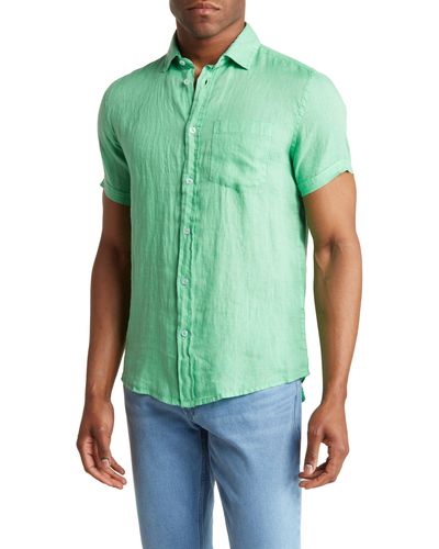 Report Collection Linen Garment Dyed Short Sleeve Button-up Shirt - Green