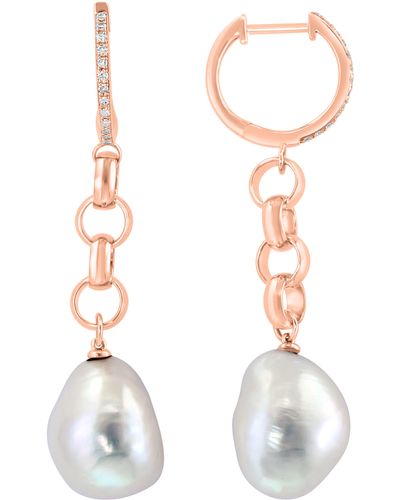 Effy 14k Rose Gold Diamond & 11mm Freshwater Pearl Drop Huggie Hoop Earrings - White