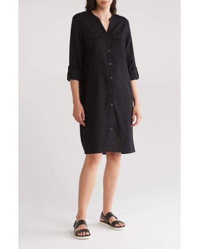 Calvin Klein Front Button Long Sleeve Linen Blend Dress - Black