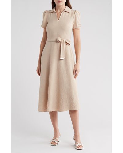 DKNY Belted Fit & Flare Dress - Natural