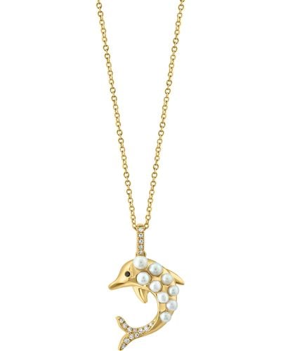 Effy 14k Gold Diamond & 2-3mm Cultured Pearl Dolphin Necklace - Metallic