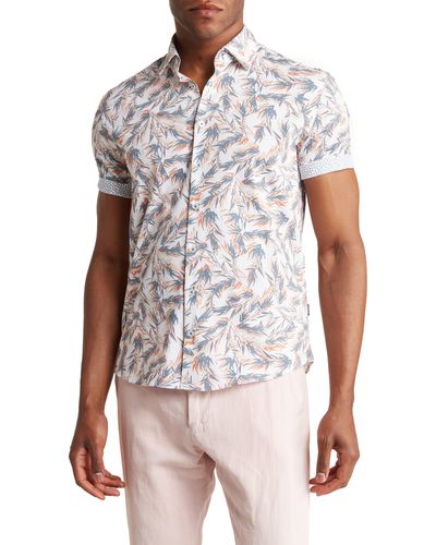 Stone Rose Trim Fit Palm Print Short Sleeve Stretch Button-up Shirt - White