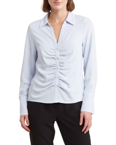 Laundry by Shelli Segal Ruched Long Sleeve Button Front Top - White